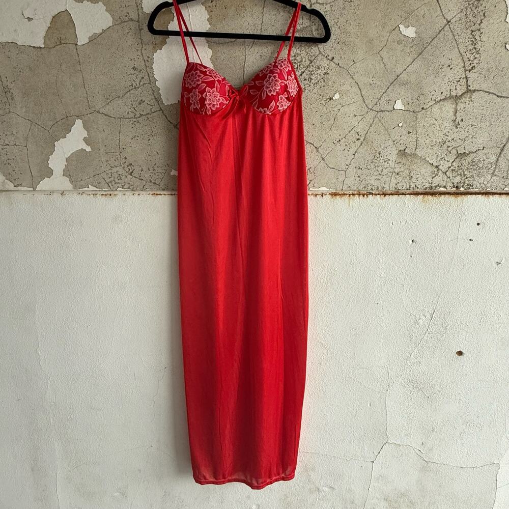Red Satin Slip Dress Floral‎ Embroidery Y2K Coquette Lingerie Aesthetic Size M